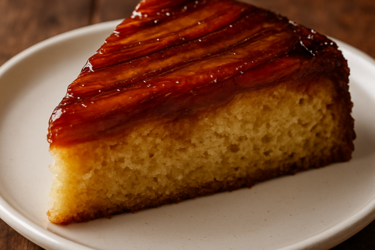 Fatia de bolo de banana fofinho com caramelo dourado e rodelas de banana por cima, em prato branco