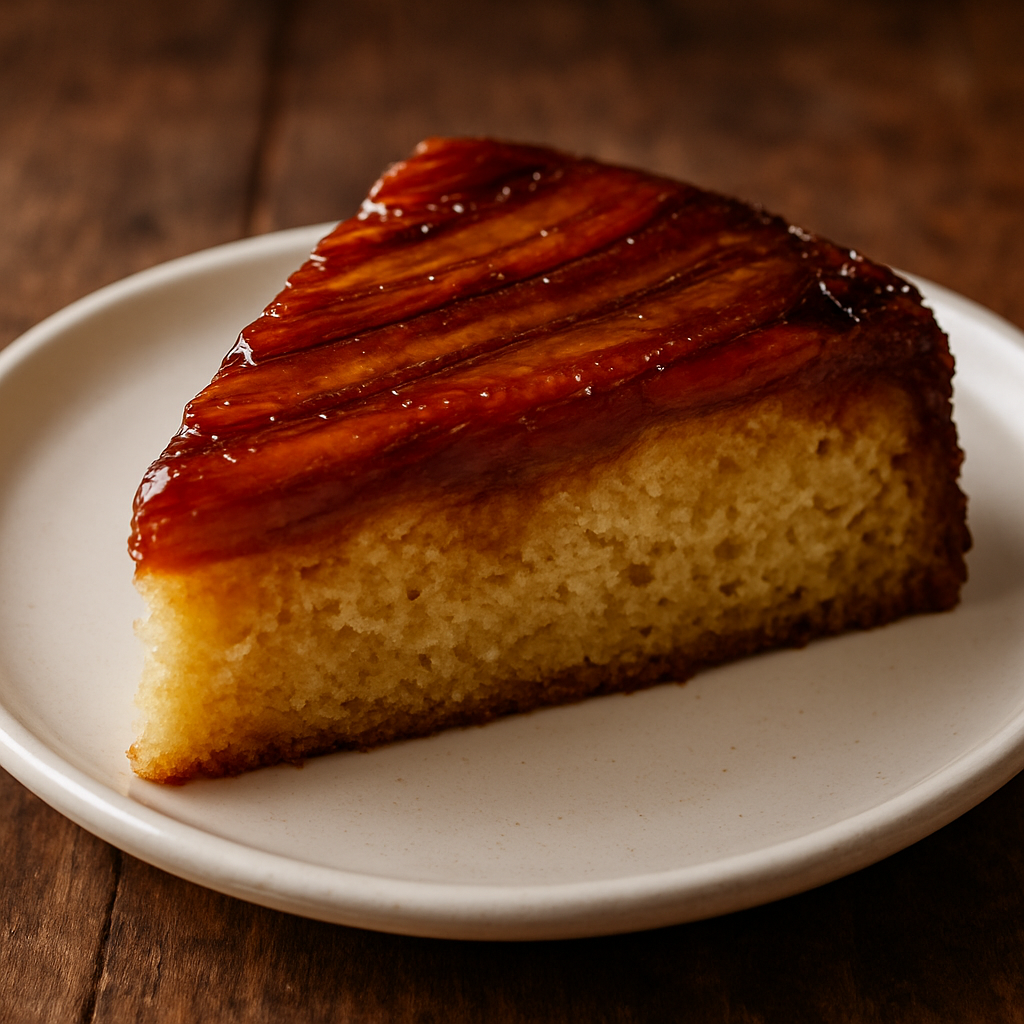 Fatia de bolo de banana fofinho com caramelo dourado e rodelas de banana por cima, em prato branco