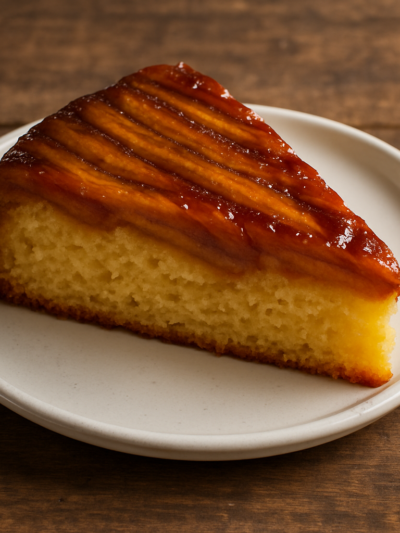 Fatia de bolo de banana fofinho com calda caramelizada e miolo aerado em prato branco