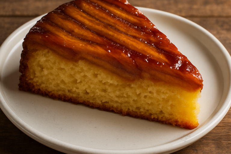 Fatia de bolo de banana fofinho com calda caramelizada e miolo aerado em prato branco
