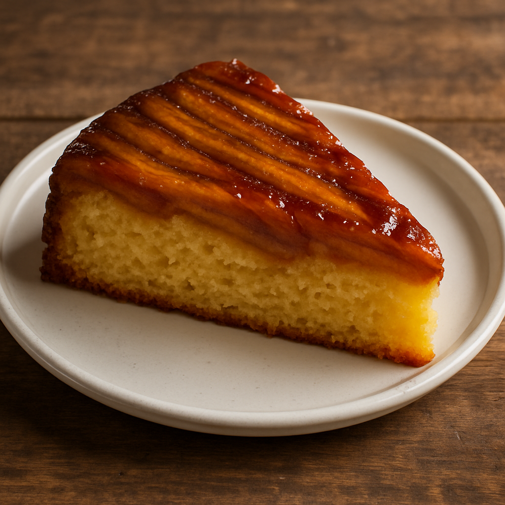Fatia de bolo de banana fofinho com calda caramelizada e miolo aerado em prato branco