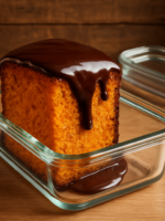 Fatia de bolo de cenoura air fryer marmita com cobertura de chocolate em pote de vidro