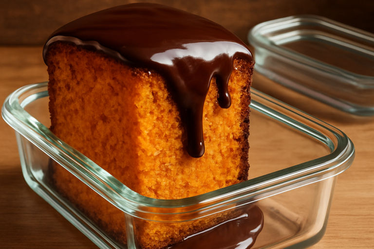 Fatia de bolo de cenoura air fryer marmita com cobertura de chocolate em pote de vidro