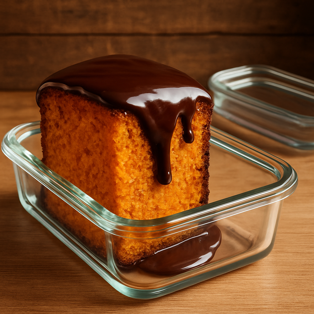 Fatia de bolo de cenoura air fryer marmita com cobertura de chocolate em pote de vidro