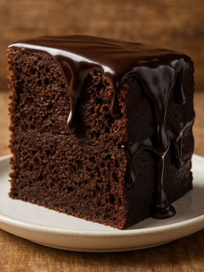 Fatia de bolo de chocolate sem açúcar com cobertura de ganache diet em prato branco