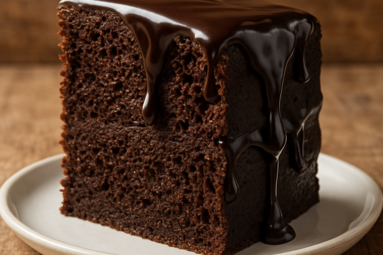 Fatia de bolo de chocolate sem açúcar com cobertura de ganache diet em prato branco