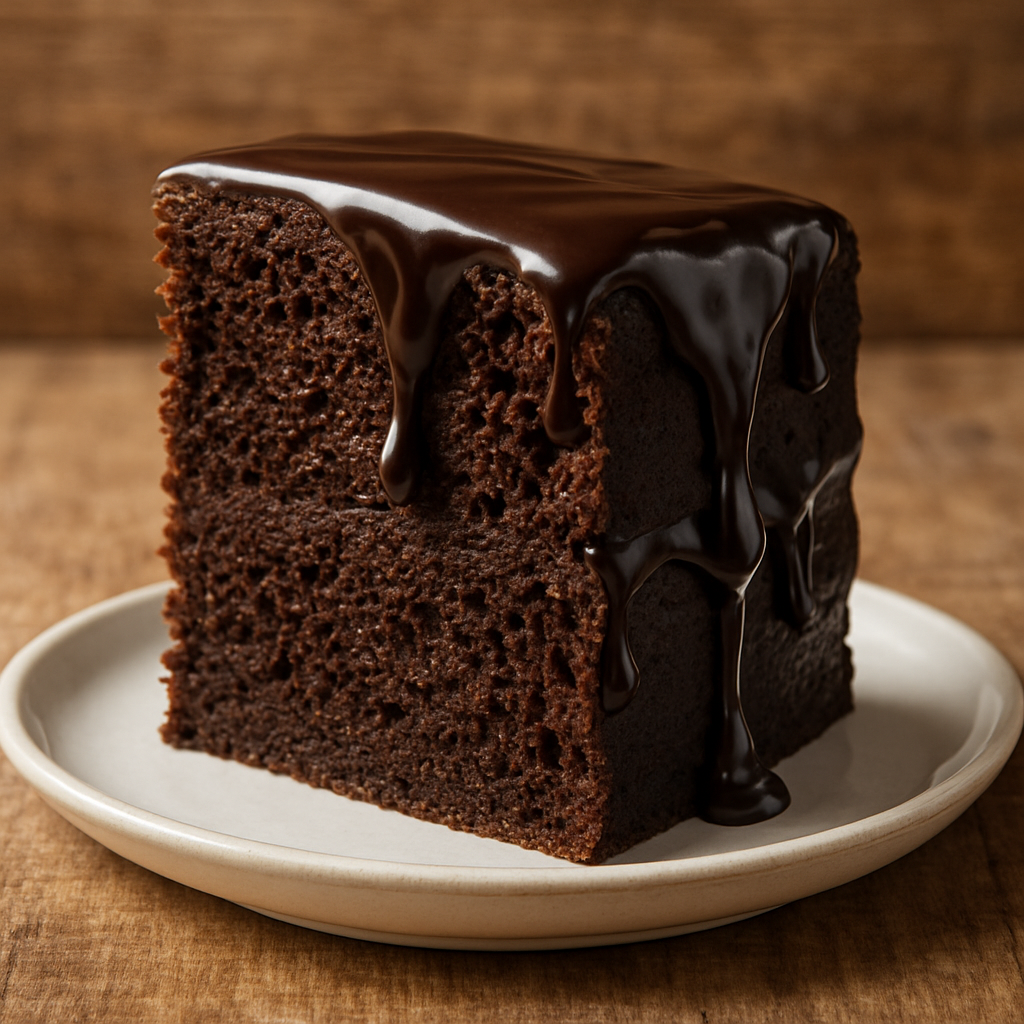 Fatia de bolo de chocolate sem açúcar com cobertura de ganache diet em prato branco