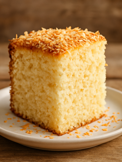 Fatia de bolo de coco air fryer fofinho com cobertura de coco ralado dourado, perfeito para o jantar