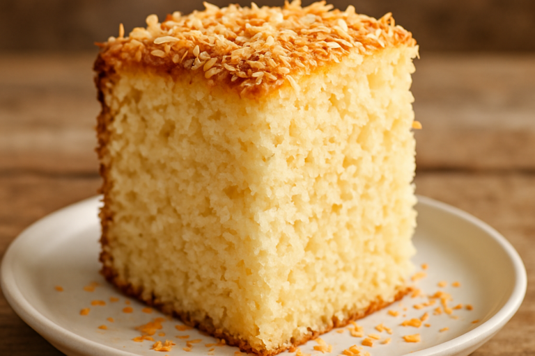 Fatia de bolo de coco air fryer fofinho com cobertura de coco ralado dourado, perfeito para o jantar