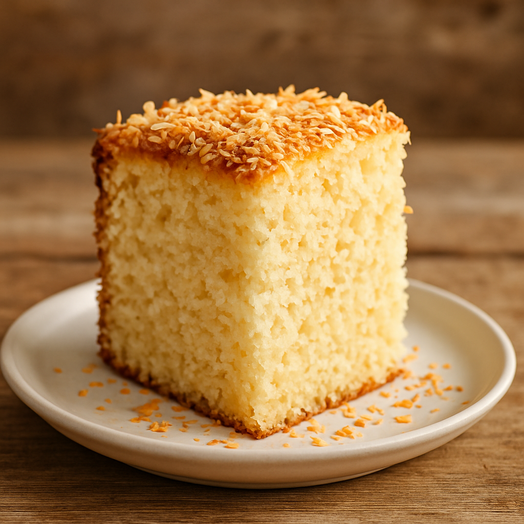 Fatia de bolo de coco air fryer fofinho com cobertura de coco ralado dourado, perfeito para o jantar