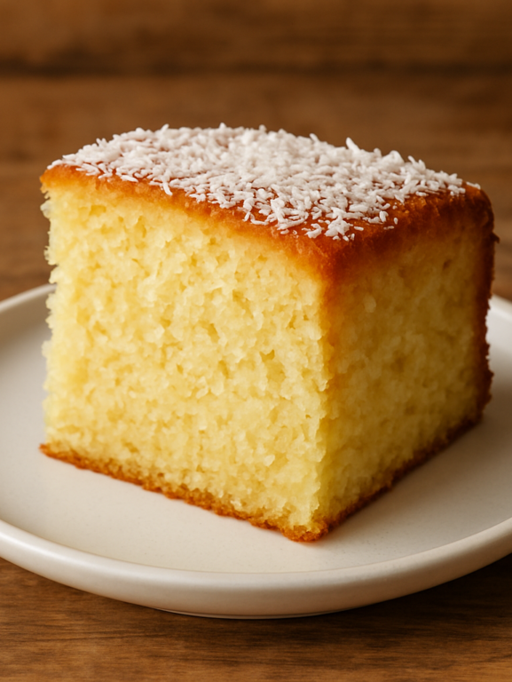 fatia de bolo de coco sem açúcar fofinho em prato branco, perfeito para o lanche