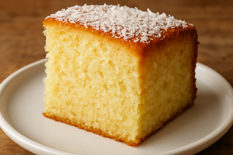 fatia de bolo de coco sem açúcar fofinho em prato branco, perfeito para o lanche