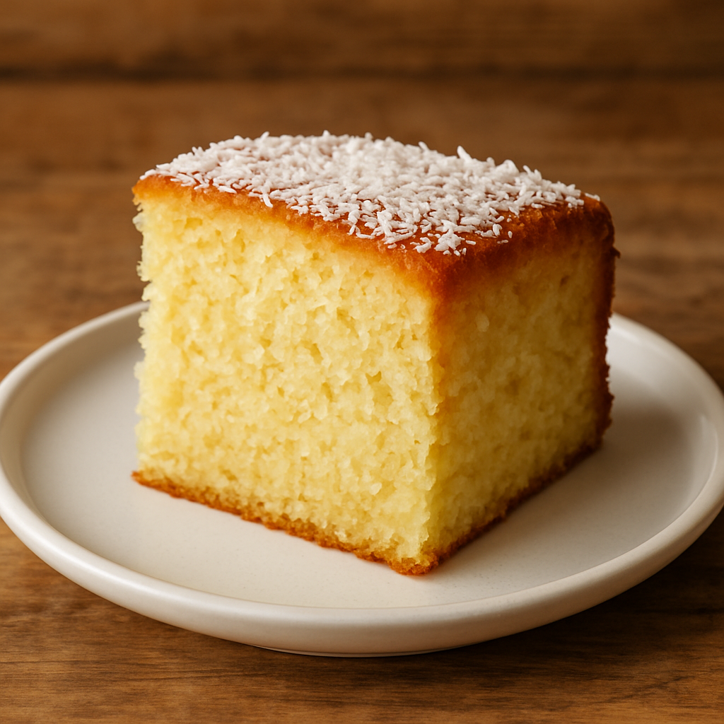 fatia de bolo de coco sem açúcar fofinho em prato branco, perfeito para o lanche