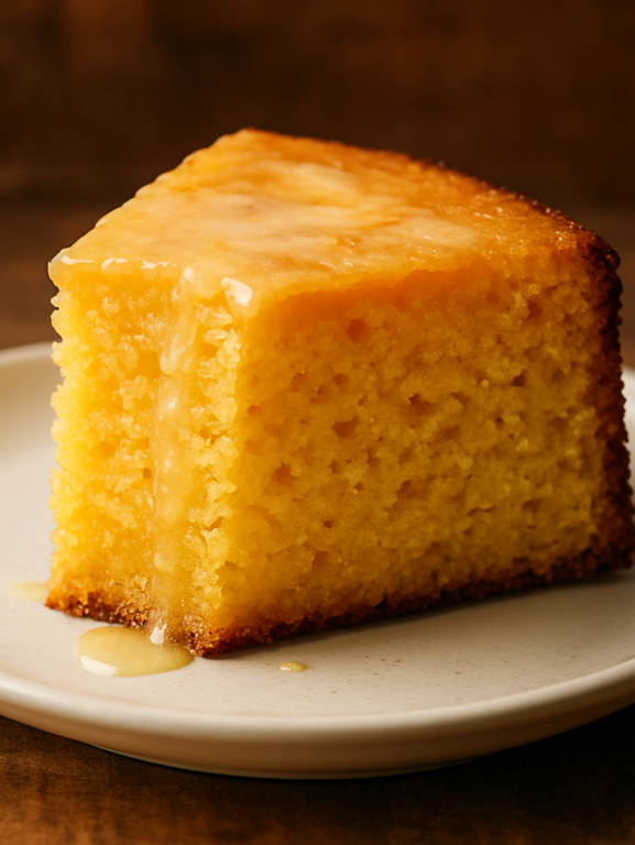 Fatia de bolo de fubá com creme de leite molhadinho em prato branco, mostrando miolo fofinho e cobertura cremosa