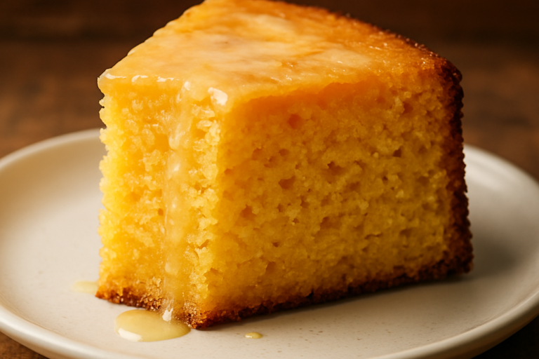 Fatia de bolo de fubá com creme de leite molhadinho em prato branco, mostrando miolo fofinho e cobertura cremosa