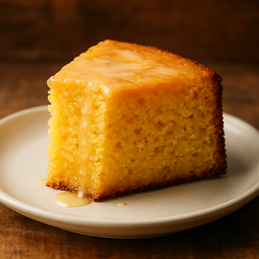 Fatia de bolo de fubá com creme de leite molhadinho em prato branco, mostrando miolo fofinho e cobertura cremosa