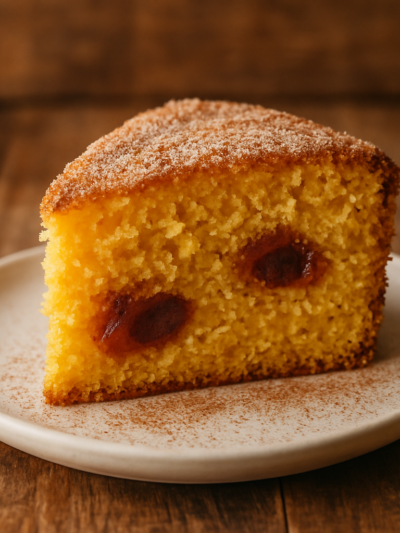 Fatia de bolo de fubá com goiabada e coco polvilhado com açúcar e canela em prato branco