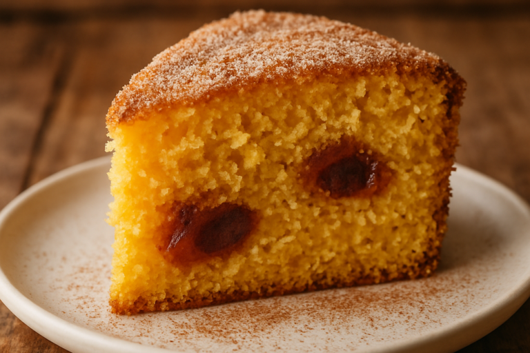 Fatia de bolo de fubá com goiabada e coco polvilhado com açúcar e canela em prato branco