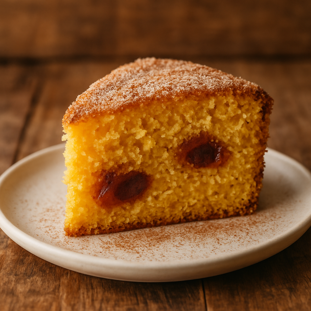 Fatia de bolo de fubá com goiabada e coco polvilhado com açúcar e canela em prato branco