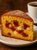 Fatia de bolo de fubá com queijo fofinho e dourado, com pedaços de queijo minas e goiabada, polvilhado com açúcar e canela