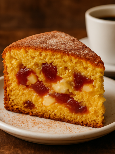 Fatia de bolo de fubá com queijo fofinho e dourado, com pedaços de queijo minas e goiabada, polvilhado com açúcar e canela
