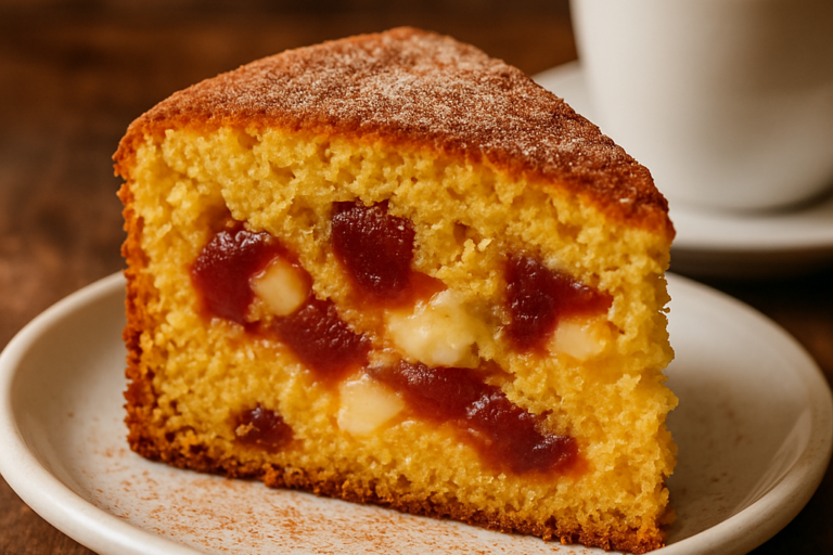Fatia de bolo de fubá com queijo fofinho e dourado, com pedaços de queijo minas e goiabada, polvilhado com açúcar e canela
