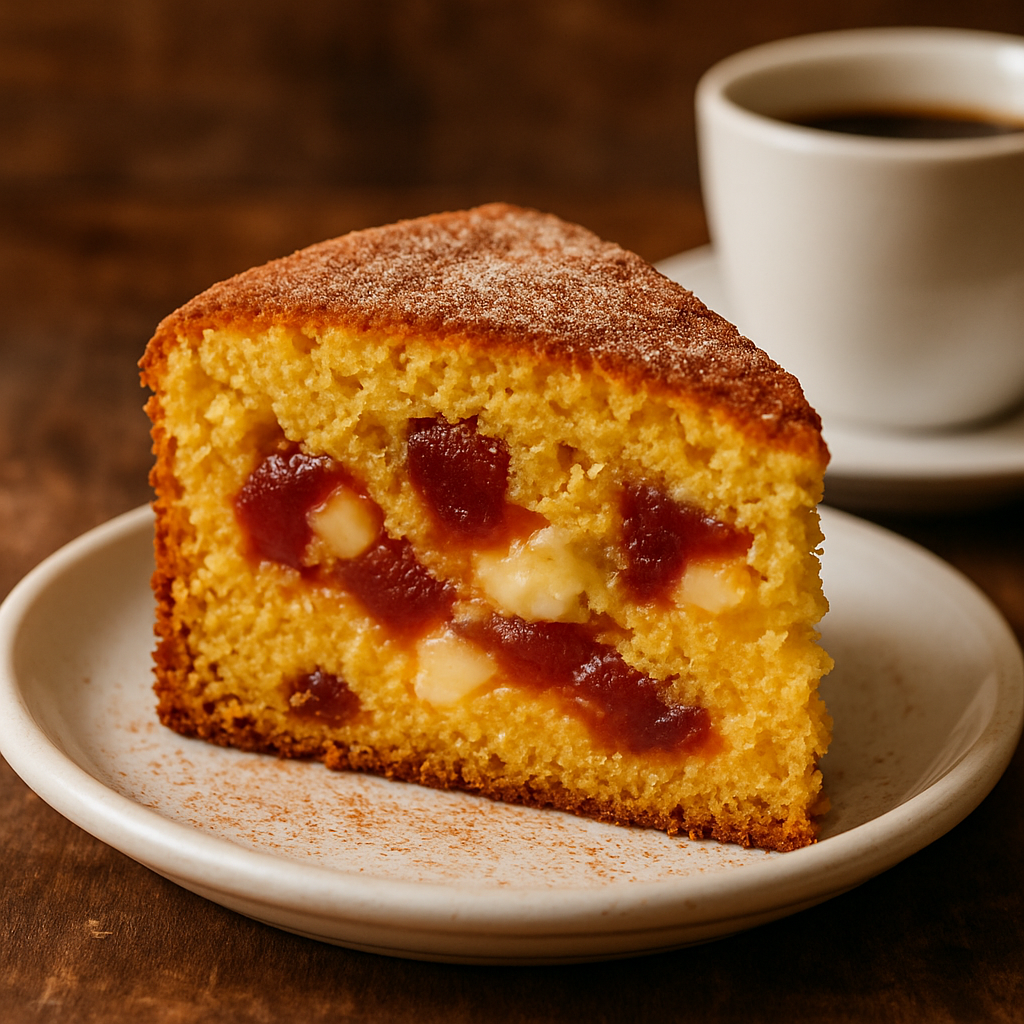 Fatia de bolo de fubá com queijo fofinho e dourado, com pedaços de queijo minas e goiabada, polvilhado com açúcar e canela