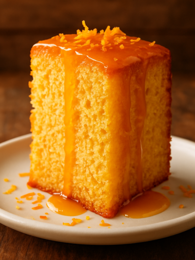 Fatia de bolo de laranja simples fofinho com calda cítrica brilhante em prato branco
