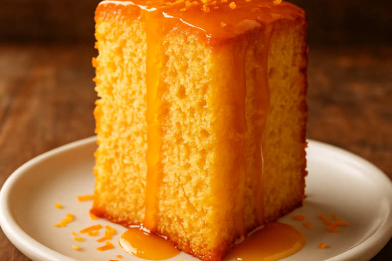 Fatia de bolo de laranja simples fofinho com calda cítrica brilhante em prato branco