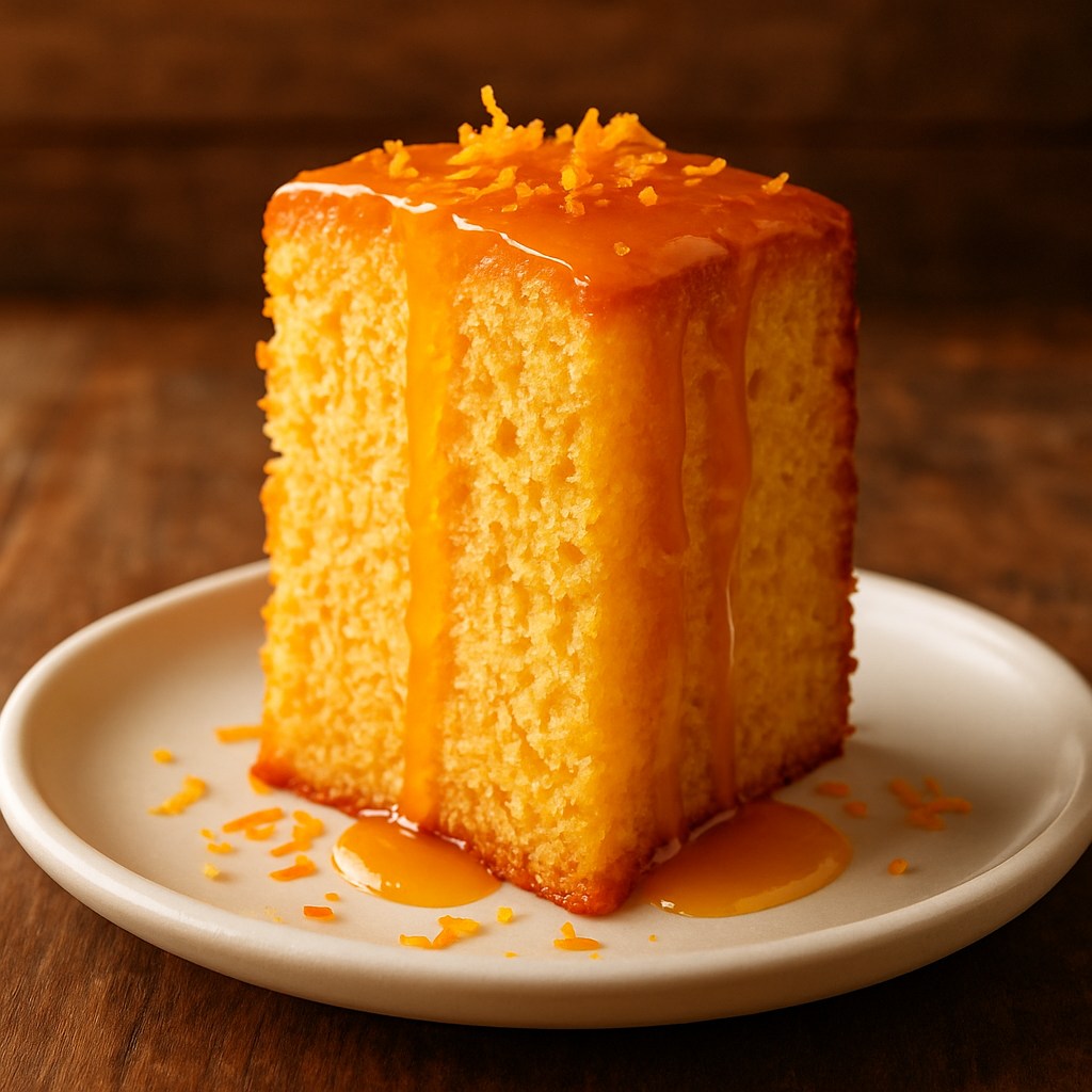 Fatia de bolo de laranja simples fofinho com calda cítrica brilhante em prato branco