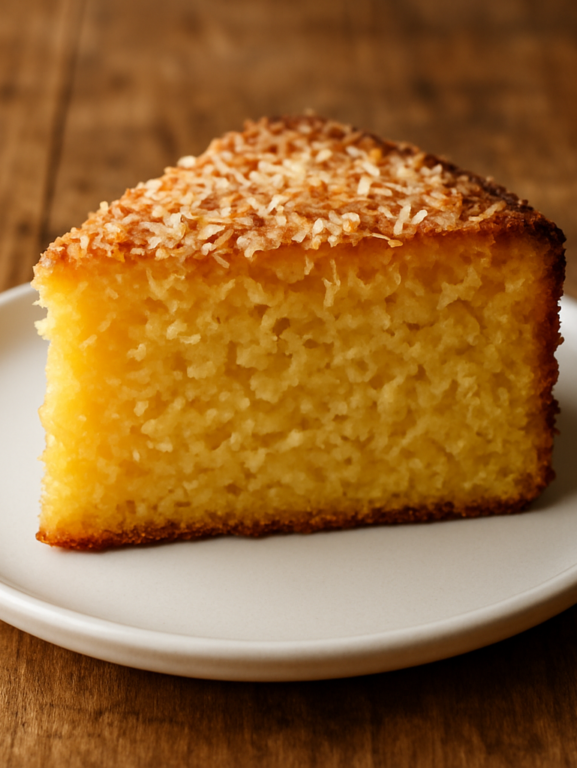 Fatia de bolo de milho cremoso com textura úmida e coco ralado, servida em prato branco