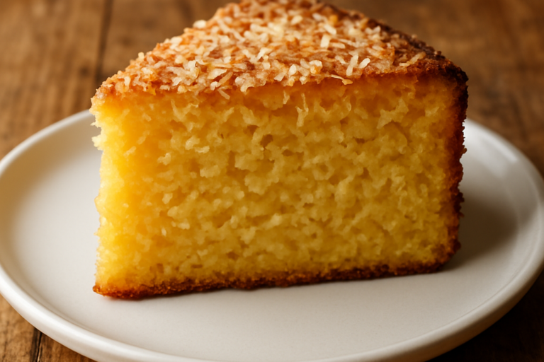Fatia de bolo de milho cremoso com textura úmida e coco ralado, servida em prato branco