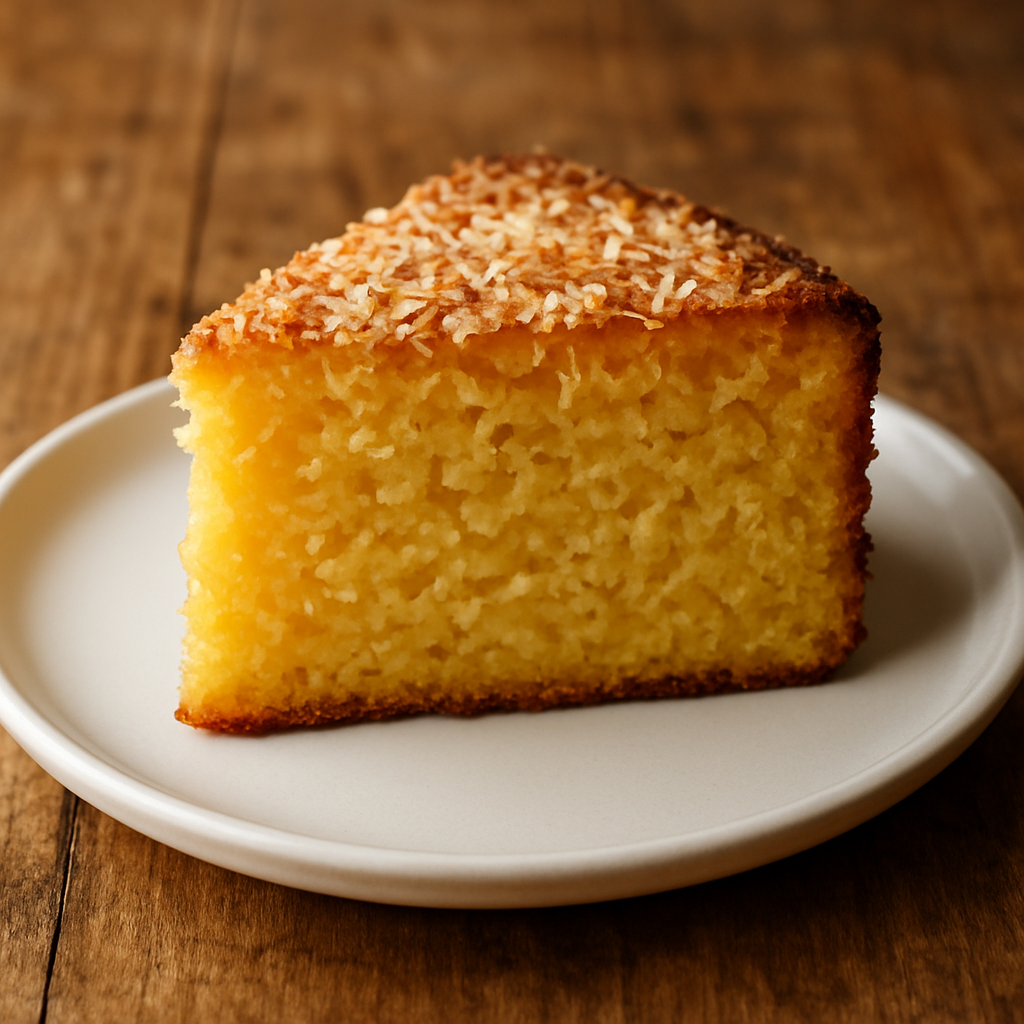 Fatia de bolo de milho cremoso com textura úmida e coco ralado, servida em prato branco