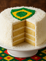 bolo time do coração decorado com coco ralado colorido e escudo de futebol na cobertura de nata branca