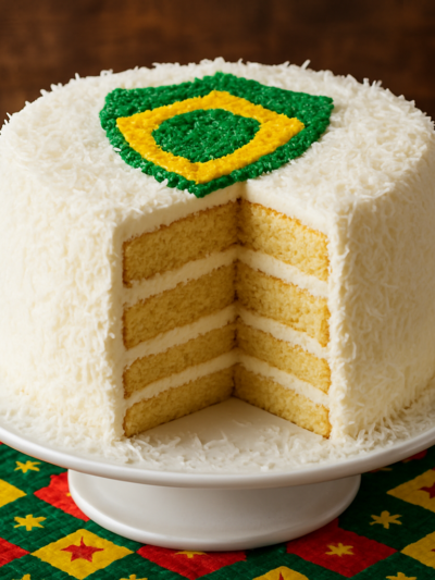 bolo time do coração decorado com coco ralado colorido e escudo de futebol na cobertura de nata branca