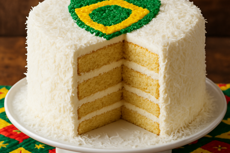 bolo time do coração decorado com coco ralado colorido e escudo de futebol na cobertura de nata branca