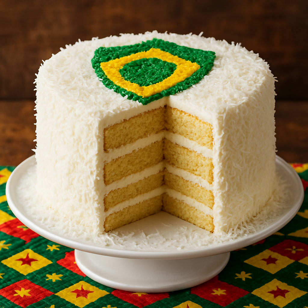 bolo time do coração decorado com coco ralado colorido e escudo de futebol na cobertura de nata branca