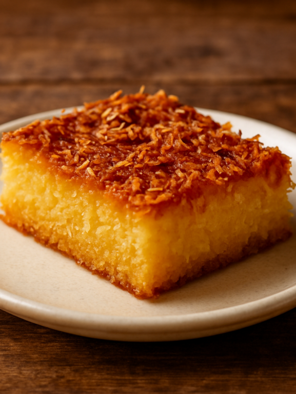 Fatia de bombocado de leite condensado com coco dourado em prato branco