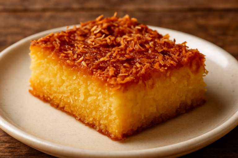 Fatia de bombocado de leite condensado com coco dourado em prato branco