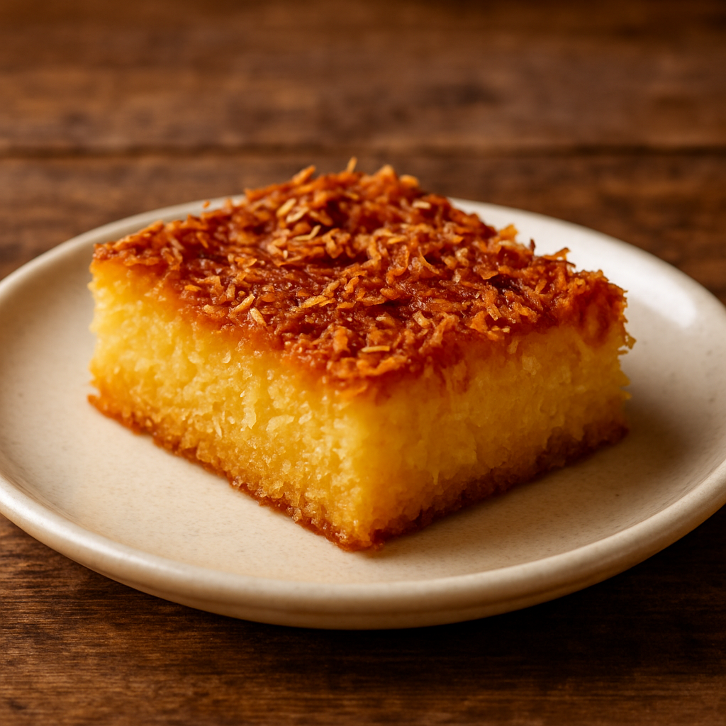 Fatia de bombocado de leite condensado com coco dourado em prato branco