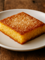 Bombocado Relâmpago de coco fatiado em prato branco com superfície dourada e textura granulada de coco ralado