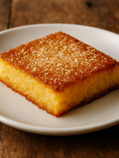 Bombocado Relâmpago de coco fatiado em prato branco com superfície dourada e textura granulada de coco ralado