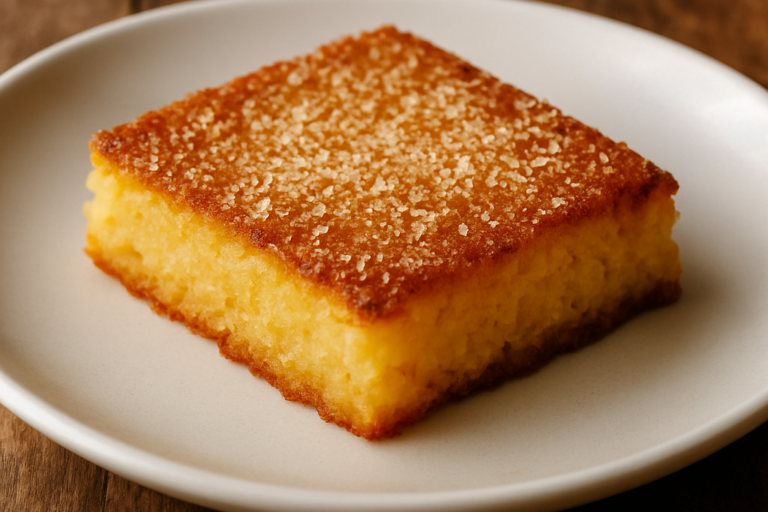 Bombocado Relâmpago de coco fatiado em prato branco com superfície dourada e textura granulada de coco ralado