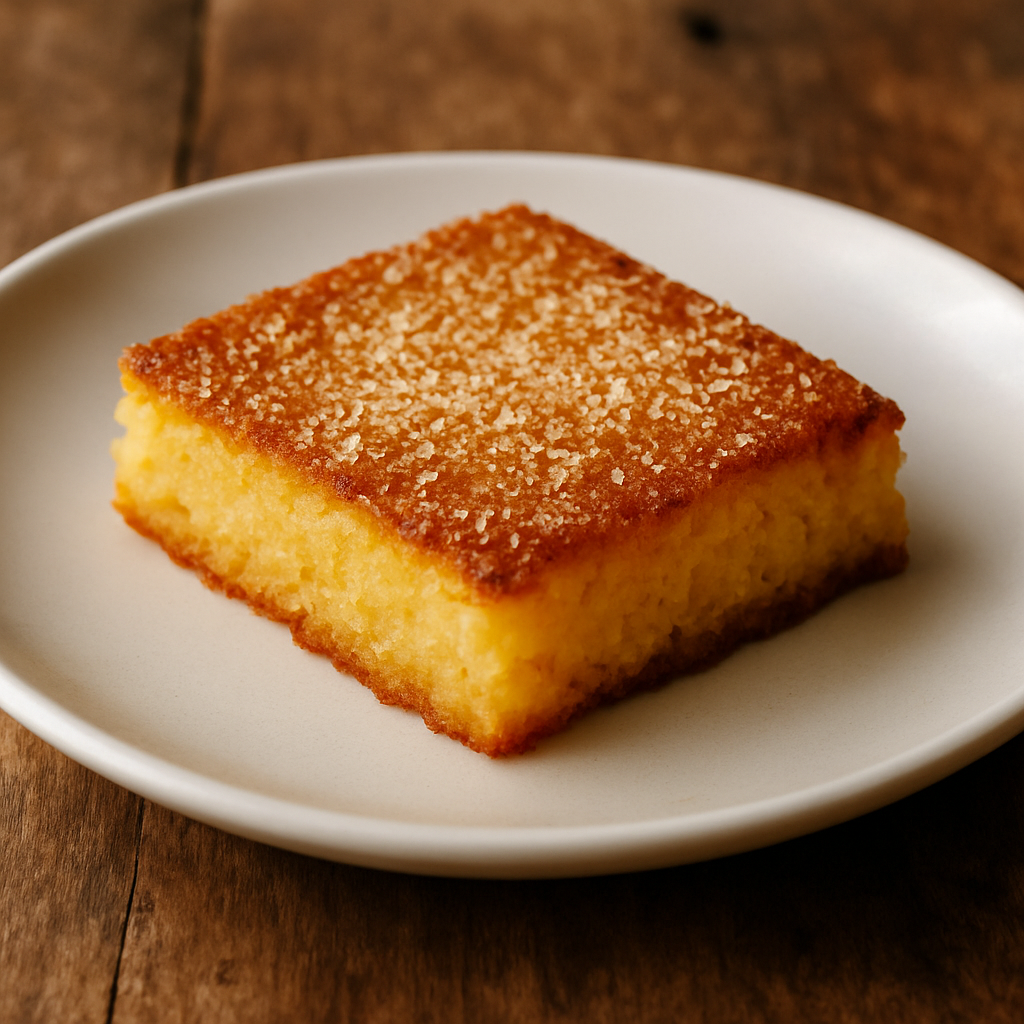 Bombocado Relâmpago de coco fatiado em prato branco com superfície dourada e textura granulada de coco ralado