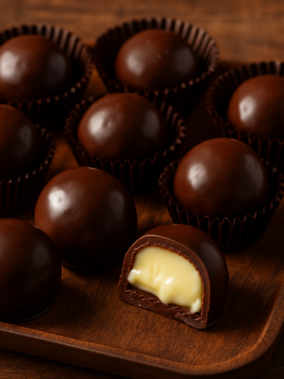 bombons de leite condensado caseiros cobertos de chocolate meio amargo em forminhas de papel, com recheio cremoso à mostra