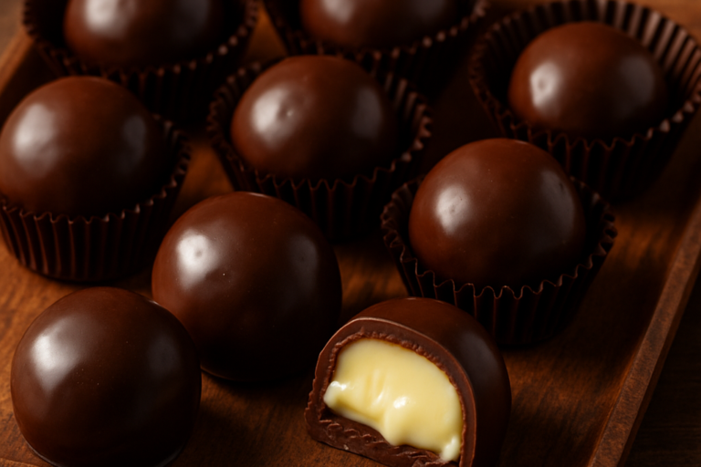 bombons de leite condensado caseiros cobertos de chocolate meio amargo em forminhas de papel, com recheio cremoso à mostra