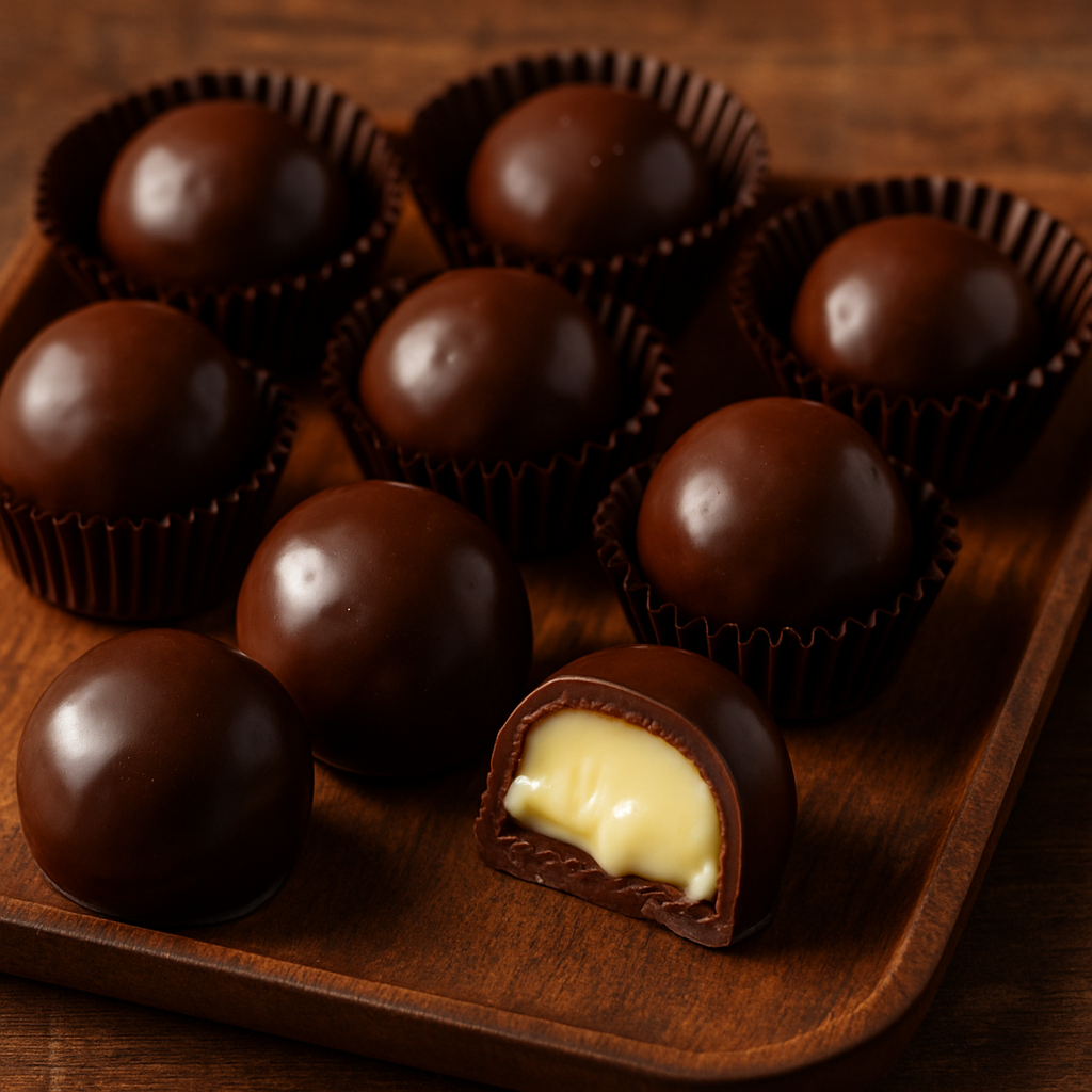 bombons de leite condensado caseiros cobertos de chocolate meio amargo em forminhas de papel, com recheio cremoso à mostra