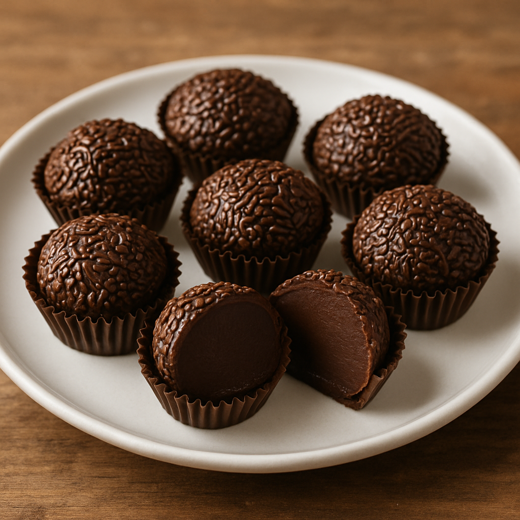 brigadeiro de micro-ondas enrolado no granulado de chocolate em forminhas de papel
