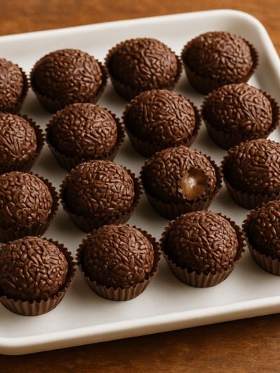 brigadeiro tradicional enrolado com granulado de chocolate em forminhas de papel