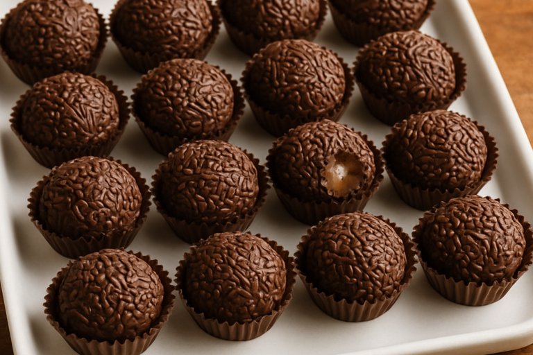 brigadeiro tradicional enrolado com granulado de chocolate em forminhas de papel
